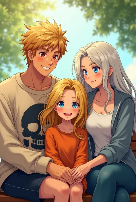 Beautiful  girl her freckles on each side,her blue eyes, her blonde and wavy hair pretty smile sitting on a bench wearing orange clothes with her father bakugo katsuki blonde hair red eyes wears a sweatshirt with a skull he has muscles not many but it is n...