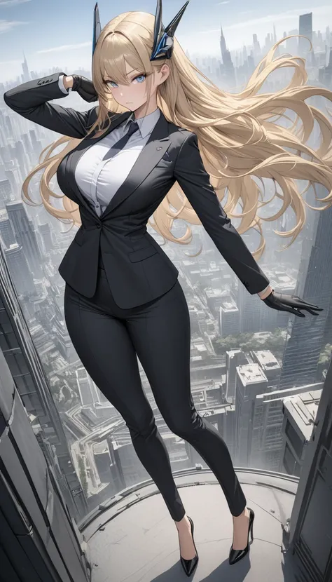 ((masterpiece)), ((high quality)),((ultra-detailed)), ((extremely detailed)),4K,8K, (character portrait), wearing blue pants suit, in business suits, navy collared shirt, a beautiful woman, very tall woman with great style, tight suit, big breasts, slender...