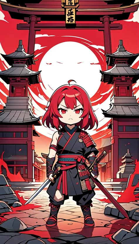 A deformed character with red hair、Chibi style Japanese anime style、An apprentice warrior in tattered clothes is preparing to depart, holding his sword.。 The background is a temple, and she is glaring straight ahead with a red aura around her whole body.。