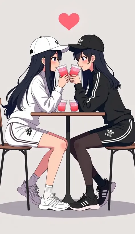 Two young womens, long black hairs, bodies same height, yuri, lesbian.

The first young women wear a White Adidas Shirt Adicolor Classics Black 3-Stripes, White Golf Skirt Black 3-Stripes, white cap, black underpants, black socks, white sneakers.

The seco...