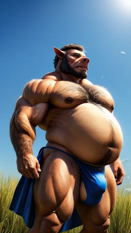 上半身裸のHairy男性Pigman。 Strong body。Big muscles。Big Belly。 Loinclothだけを身に着けている。Big bulge。 背景はgrassland。 Low - Angle。grassland。Loincloth。Standing posture。whole body。Pigman。Hairy。Calm expression。 Highest quality。Entirely in sharp focus、Highest photo quality。Phot...