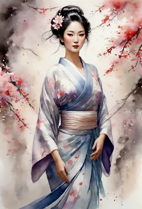 A masterpiece watercolor painting of a beautiful woman in a kimono, framed from the upper body, nearly obscured by an overwhelming flurry of flower petals that fill the entire scene. The painting features soft, delicate brushstrokes with transparent and ov...