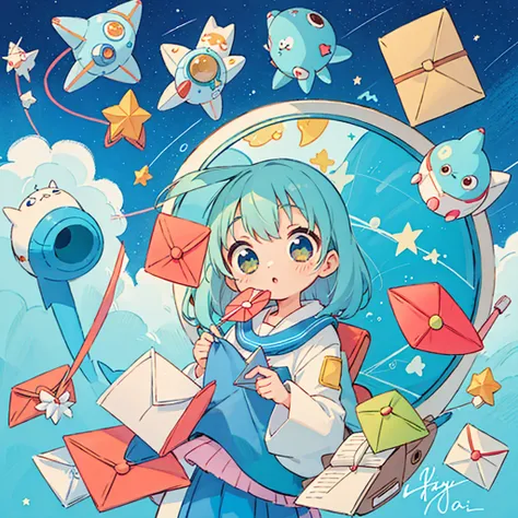 Hayao Miyazaki colorful style, Kawaii Design, most beautiful girl ever、chibi,  (((write a letter))), (((Inside the spaceship))), (((Star-shaped envelope)))