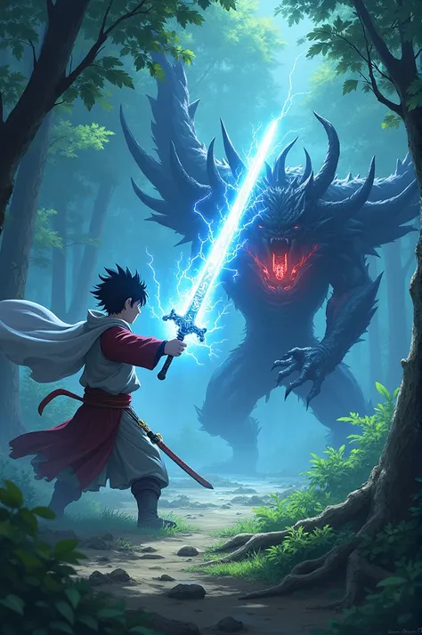 A 2 swordsman, fighting a bloody war in the forest, against a demon, young swordsman man, using a magical lightning sword in his hand, light blue glow, lightning on the sword, magic runes. Estilo アニメ, アニメ, Samurai, 