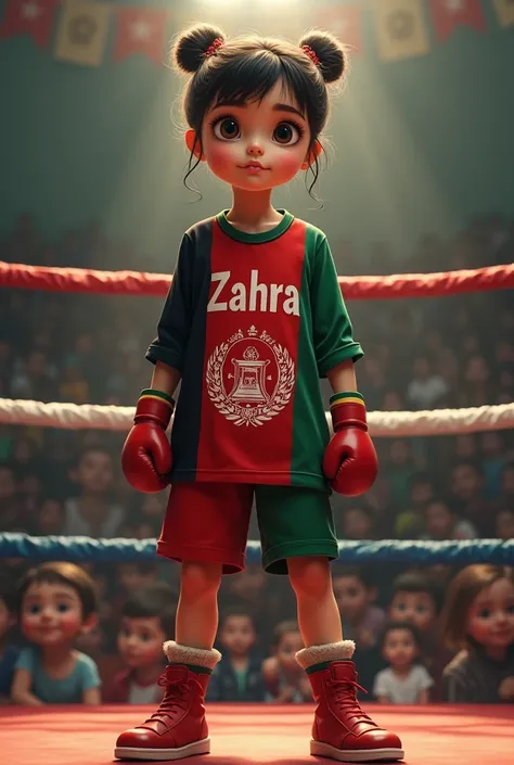 A kid inside the ring with knickers of the three colors of the Afghan flag and Zahra written on her blouse
