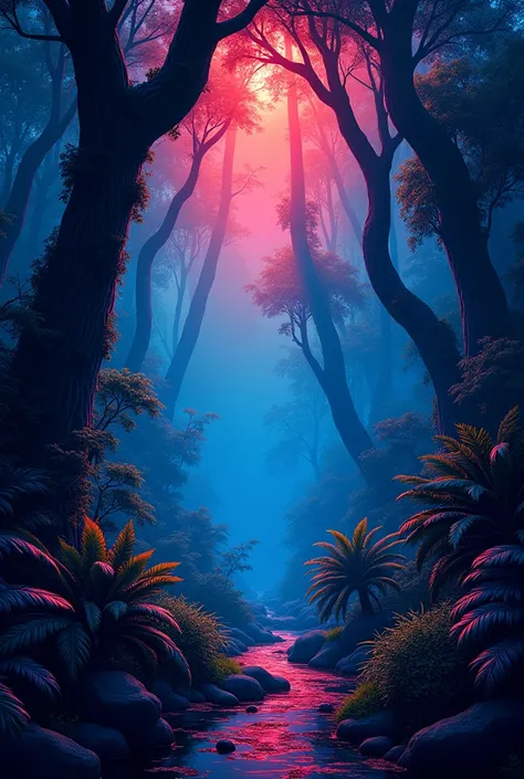 A jungle at night dark light certoon type photo with red an blue colour landscape size 