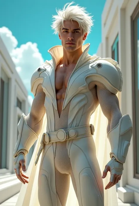 Full body photorealistic handsome hunky young slender futuristic male hero with messy white hair wearing a white and cream micro scale textured transparent mesh costume with belt and gloves,,and wristbands that can alter chemical,,super Bulge. 