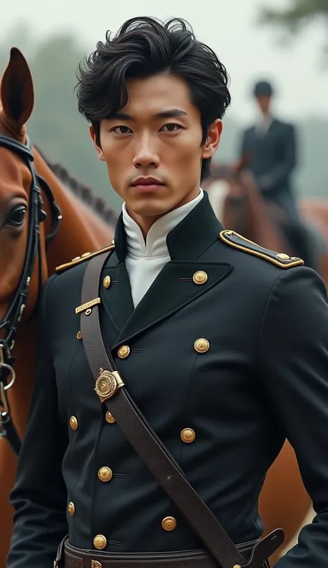 Japanese,23-29, Handsome,  fair skin, black eyes（thin eyes 1：3), (Super detailed, best quality, 4K, 8k, High resolution, masterpiece:1.3) he is a athlete. Equestrian. With equestrian outfits, riding 