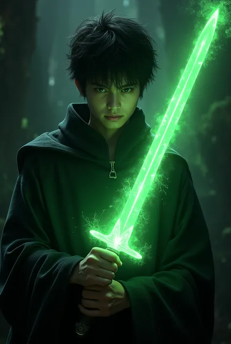 /imagen a 20year lod boy with black Wolfe crou in the black background and the boys hand glowing green colour sword hyper realistic colour