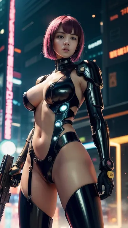 Hard Nsfw,a female Nsfw cyborg,latex,mechanical arms made of weapons,cyborg arms,erotic posing,doujin,hentai,kawaii,stylish,pussy,busty, pubic hair,glamour,earth color tone,psychedelic costume,armored,A Cyberpunk dystopian girl,fantasic dystopia,dystopian ...