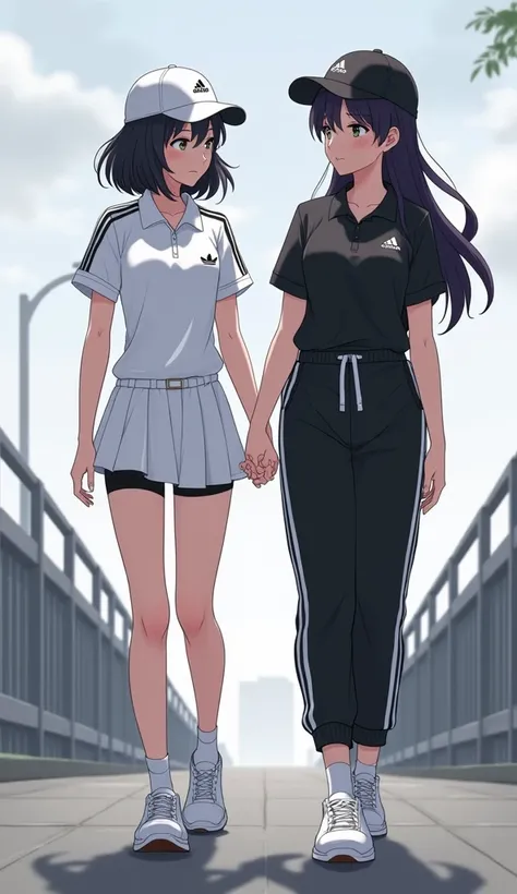 Two young womens, long black hairs, bodies same height, yuri, lesbian.

The first young women wear a White Adidas Shirt Adicolor Classics Black 3-Stripes, White Golf Skirt Black 3-Stripes, white cap, black underpants, black socks, white sneakers.

The seco...