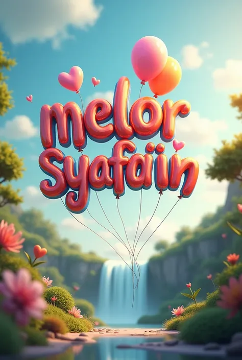 Balloon font" Melor Syafaain"background sky and waterfall
