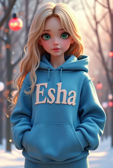 A mesmerizing 3D render of a young, fashionable Slavic girl named ,ESHA, exuding confidence and charm as she stands proudly in a striking powder blue crochet hoodie adorned with her name in bold white lettering. Her alluring green eyes and blonde hair perf...