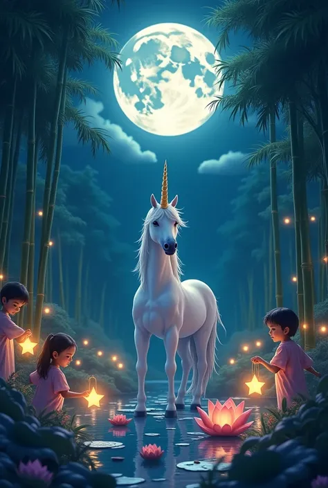 a moon, on the left is a bamboo bush and children holding star lanterns, on the right is a lotus pond and a unicorn in the middle