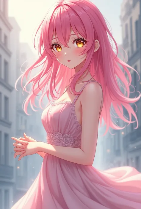 Anime girl with pink hair and golden eyes, with an elegant mini dress