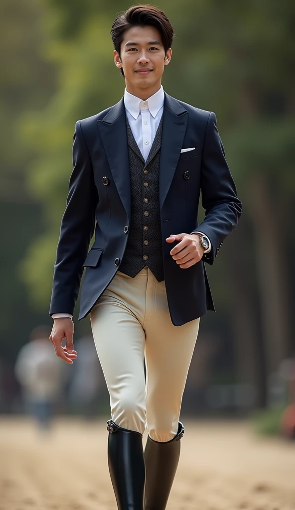 Japanese,23-29, Handsome,  fair skin, black eyes（thin eyes 1：3), (Super detailed, best quality, 4K, 8k, High resolution, masterpiece:1.3) he is a athlete. Equestrian. With equestrian outfits, riding, smile
