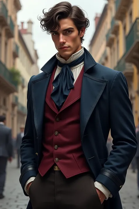 A tall handsome boy with golden brown skin, brown eyes, and dark brown messy hair with choppy waves wearing the midnight-blue cravat around his throat to the fitted burgundy waistcoat it tucked into. A deep-blue tailcoat emphasized strong shoulders and a n...