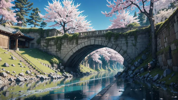 (longshot), wideshot, (film noise), ((river)), cozy shilled out door, green views,arcade adventure, blue sky, (masterpiece, highest quality, highest quality, official art, sakura tree, beautiful and aesthetic: 1.2), very detailed, (fractal art: 1.4), supre...