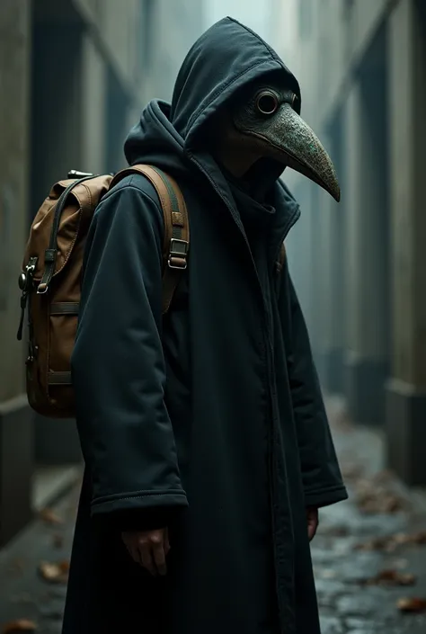 Make a plague doctor, dressed in his mask that bird, but with a smaller beak, carrying a medical backpack on his back