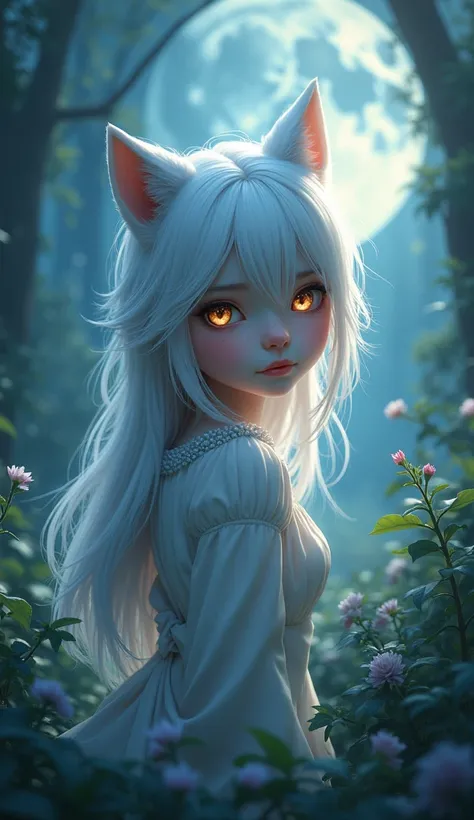 A young girl raised by a white wolf, beautiful detailed eyes, beautiful detailed lips, extremely detailed eyes and face, long eyelashes, porcelain skin, flowing silver hair, wolf ears and tail, mystical forest landscape, moonlight, glowing eyes, surreal, f...