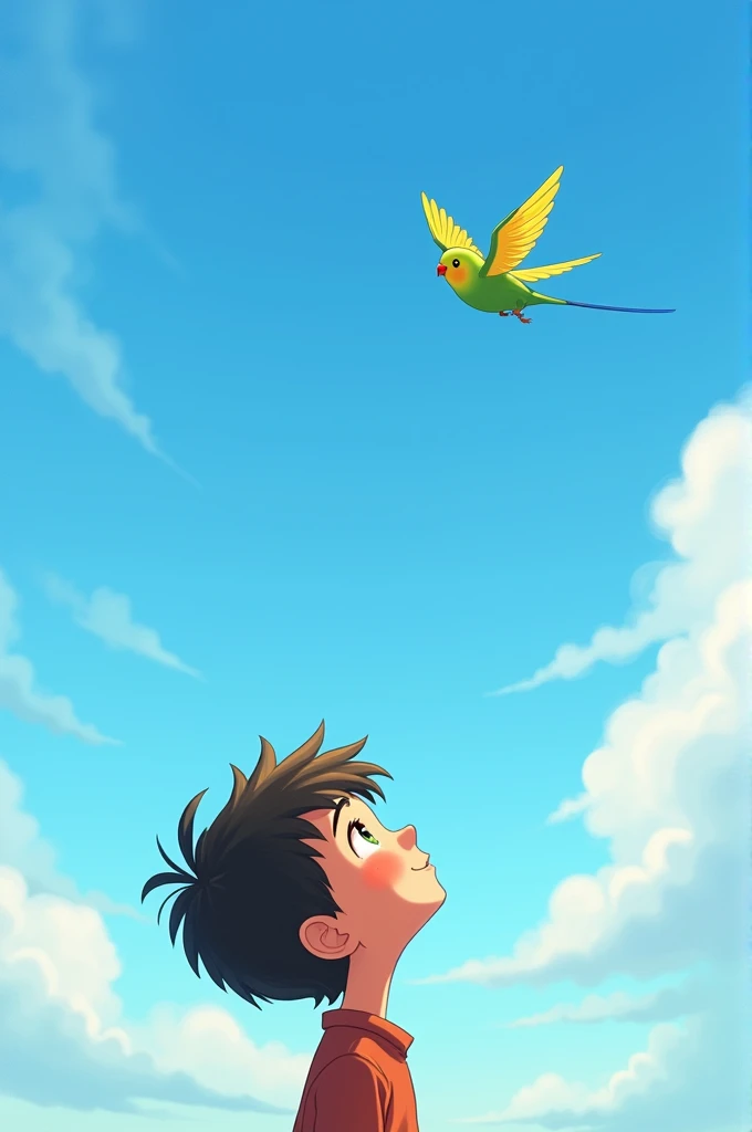 Budgie fly in the sky with boy