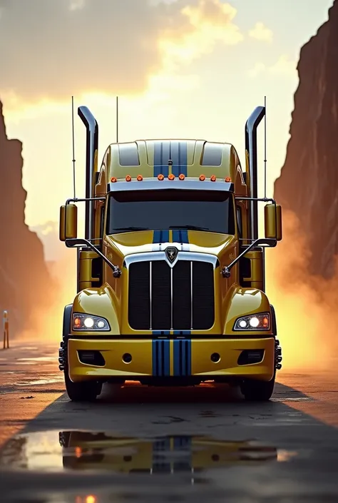 high quality image, High Definition, realistic photo) SIDE VIEW OF a keenworth tractor truck with the features of a lamborghini, aggressive, powerful. The truck is metallic yellow with black stripes and blue metallic inlays., big grill, with the acronym "M...