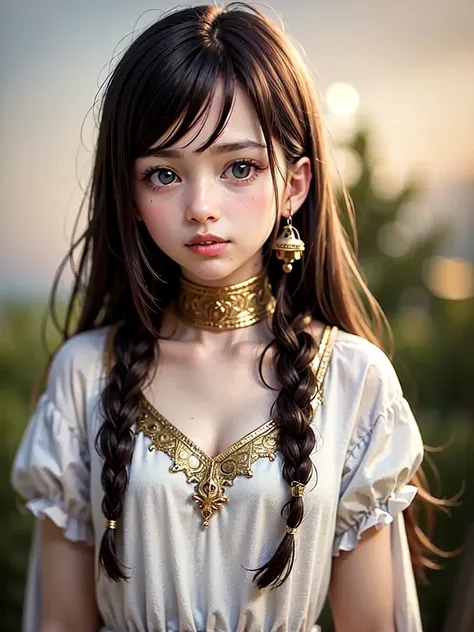 solo, a child, cute, gaze of contempt, long blue eyes, lips so red, Gorgeous silver hair with thin braids on the left and right sides, pointy nose, Cheeky red and soft cheeks, Slender eyebrows that frame the eyes, Goldwork and gold chains imitating bells d...