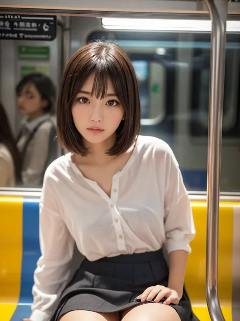 A high school girl sits in a seat inside a Tokyo Metro Fukutoshin Line train, ((Her skirt is very short))、I can see your beautiful slim thighs, Her hairstyle is a short bob, She is looking at me with her eyes looking up., beautiful detailed eyes, beautiful...