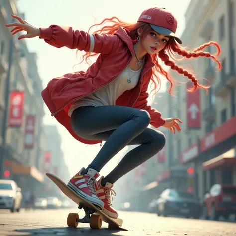 Creating realistic characters，A beautiful girl，Red and white half long hair，Tie some braids，wearing a baseball hat，Wearing a sports coat，Cool and fashionable style。She jumps in the air on a skateboard，Stretch your right hand slightly，The posture is dynamic...