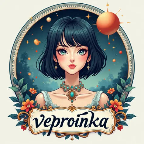 Logo, Surreal fantasy Whimsical Fancy, Woman, bob haircut, caption "Вероника”