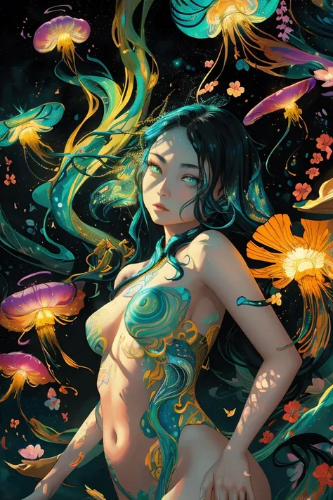 (NSFW:1)In an enchanting setting, an oil painting (1.5) captures a dynamic scene, where a confident girl (1girl) leans against a dreamy background infused with elements of Chinese aesthetics. The backdrop, adorned with mesmerizing Ambilight colors, exudes ...