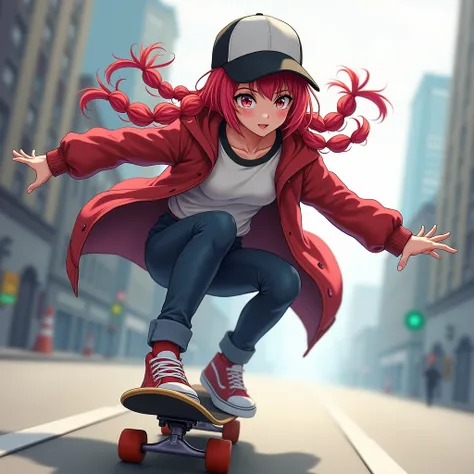 Creating realistic characters，A beautiful girl，Anime red and white half long hair，Tie some braids，wearing a baseball hat，Wearing a sports coat，Cool and fashionable style。She jumps in the air on a skateboard，Stretch your right hand slightly，The posture is d...