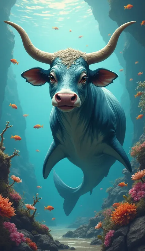 A surreal, whimsical artwork of a hybrid creature - a [shark] body with a cow head, fantasy art, vibrant colors, underwater scene, dreamlike, surrealism.