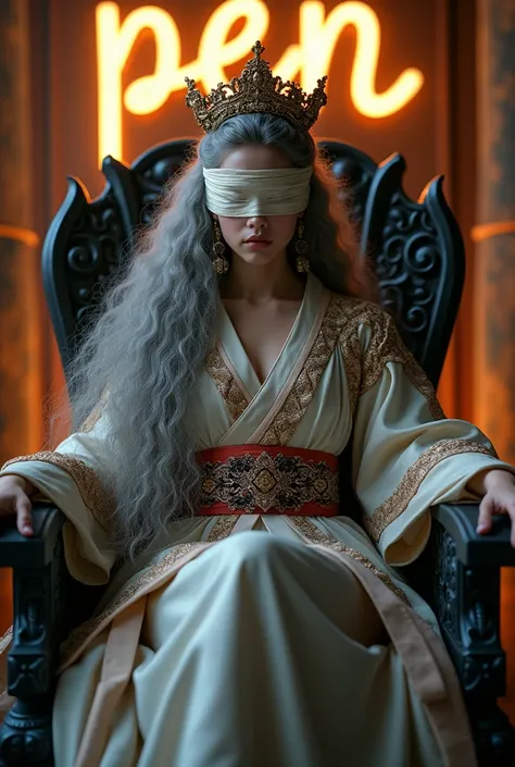 A Korean model woman wearing a dragon warrior dress, her hair is long with big curls ash gray with a crown, sitting in iron throne chair from the Game of Thrones, looking directly, wearing a blindfold. The background features the words PEN written in large...