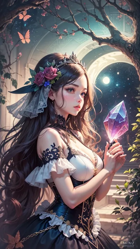 (Masterpiece), ((Highest Quality)),(Official Art),Beautiful Indulgence:1.3),(Dress),(1 Girl: 1.3), A beautiful witch wearing a dress with a detailed and delicate design, sealed in a crystal, and a large tree that grows by taking in the sealed crystal. It s...