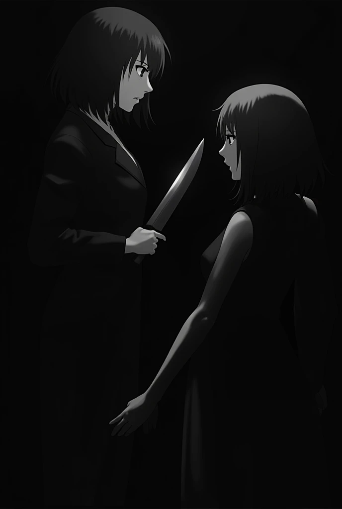 black backdrop, shadow of woman with bangs and short hair attacking another woman with knife, silhuette