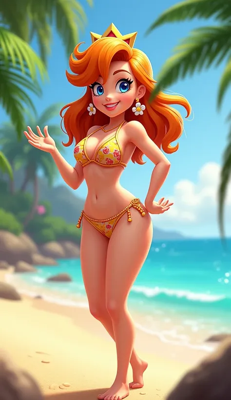 Cartoon Skinny Princess Daisy from Mario, wearing a bikini, at the beach