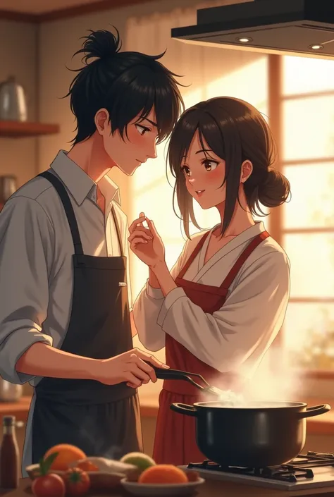 (((Highly detailed face))))(((Highest quality、Masterpiece、Very realistic、Japan male and female couples)))Home、T-shirt、Cooking together、romantic、、happiness、Embarrassed