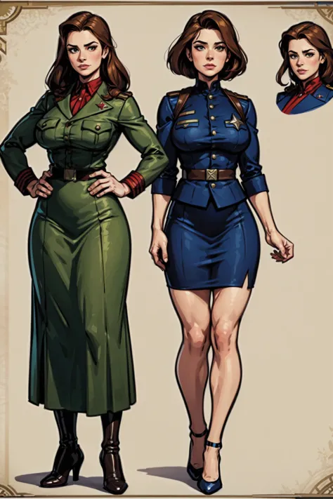 digital art, highly detailed, reference sheet, standing pose, peggy carter (marvel cinematic universe), mature woman, adult female, busty figure, whole body, form-fitting, ww2 olive military uniform, long skirt, shoes, 1woman, solo, upper body, lower body,...