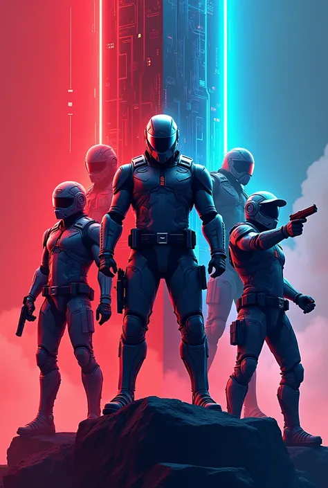 Make me a futuristic gamer themed banner in red and light blue with video game characters in the background that has an image size of 1280 x 700