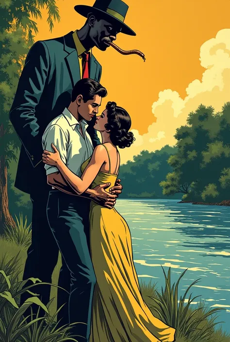 Hyperrealistic color comic from the 1920s, a man and a woman hugging on the banks of the Mississippi River, Around him a man who is smoking a giant cigarette, talk to the couple look delta the characters with blues style