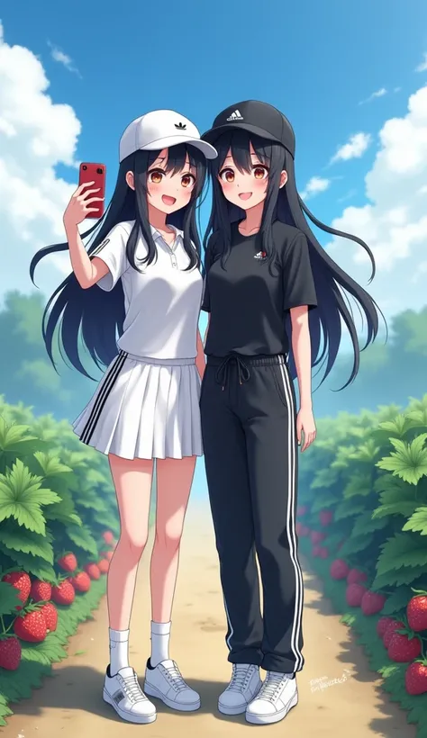 Two young womens, long black hairs, bodies same height, yuri, lesbian.

The first young women wear a White Adidas Shirt Adicolor Classics Black 3-Stripes, White Golf Skirt Black 3-Stripes, white cap, black underpants, black socks, white sneakers.

The seco...