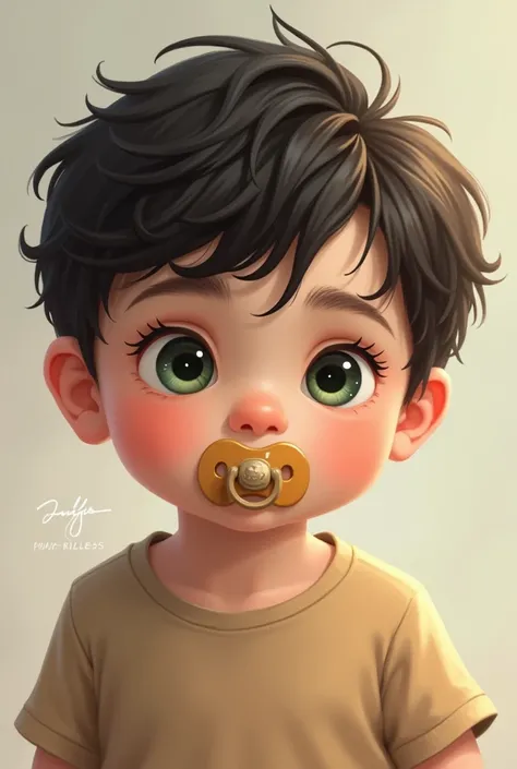 A two year old boy, greeneyes, fair skin and black hair, wearing a light brown t-shirt with a pacifier in his mouth 