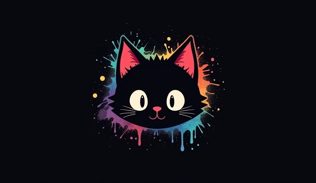 colorful logo, Minimalist Cute Kitten Head Vector Logo Illustration Logo, 正面, magie, Rede de design, Mou, Monochrome color, Colorful Splash with Black Magic Paint, t-shirt design, Studio Ghibli style.O design deve ser arte vetorial . Usando o Adobe Illustr...