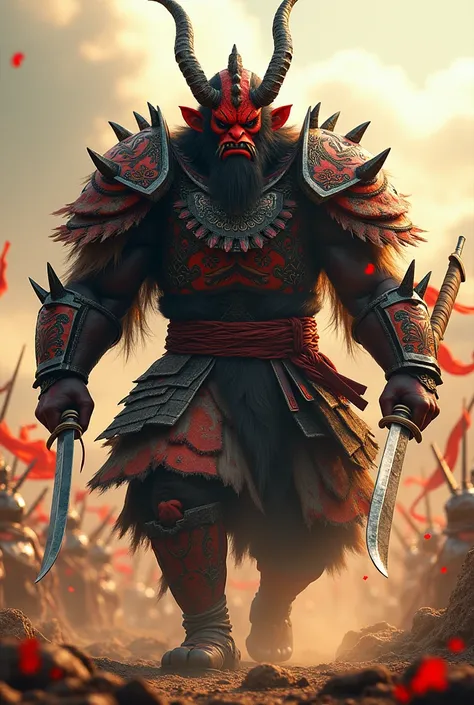 fearsome and legendary Japanese tengu demon warrior huge and brave, imposing pose from head to toe, steps on the battlefield. face painted red with intimidating tribal marks. He wears animal skin armor that reveals the scars of past battles. He wields shra...