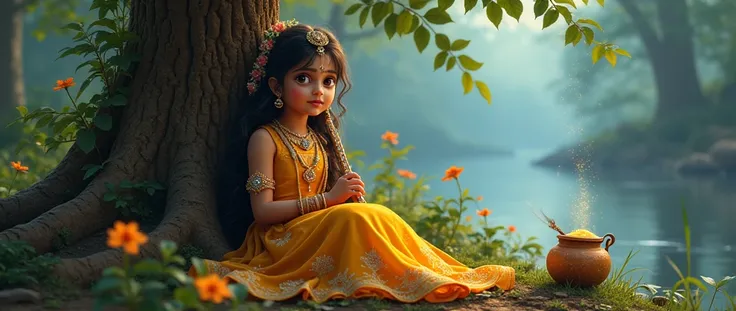 "Create digital artwork of a cute Radha young girl with big expressive eyes, wearing a traditional Indian yellow dress with floral pattern. Adorned with gemstone jewellery, she is sitting with a flute in her hand. She is sitting under a tree in a cozy, for...