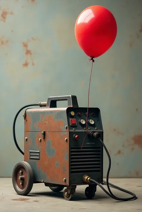 A welding machine with a red balloon hanging from it.
