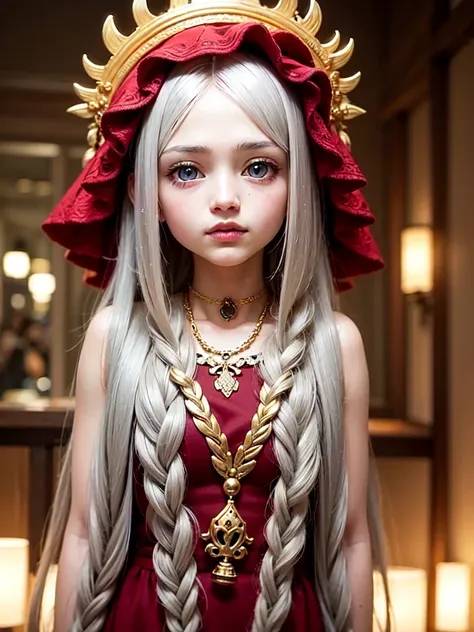 solo, a child, cute, gaze of contempt, long blue eyes, lips so red, gorgeous silver hair with thin braids on the left and right ...