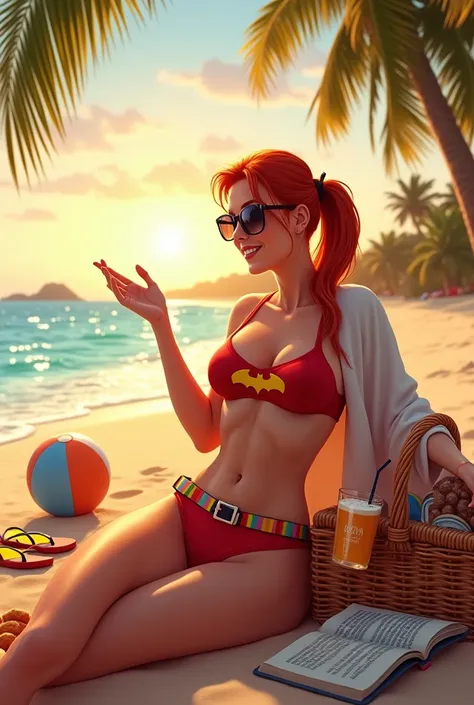 Batgirl, aka Barbara Gordon, basking in the golden glow of a sunlit beach, her iconic bat-symbol adorning a vibrant red bikini top. Shes traded her cape for a lightweight beach towel casually draped over her shoulders, and her utility belt for a colorful w...