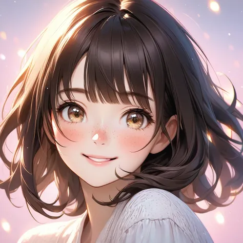 prompt = "A close-up portrait of a young woman with short, dark hair styled with soft bangs that frame her face perfectly. Her light brown eyes sparkle playfully, reflecting her confident and flirtatious nature. Her expression is both sweet and mischievous...